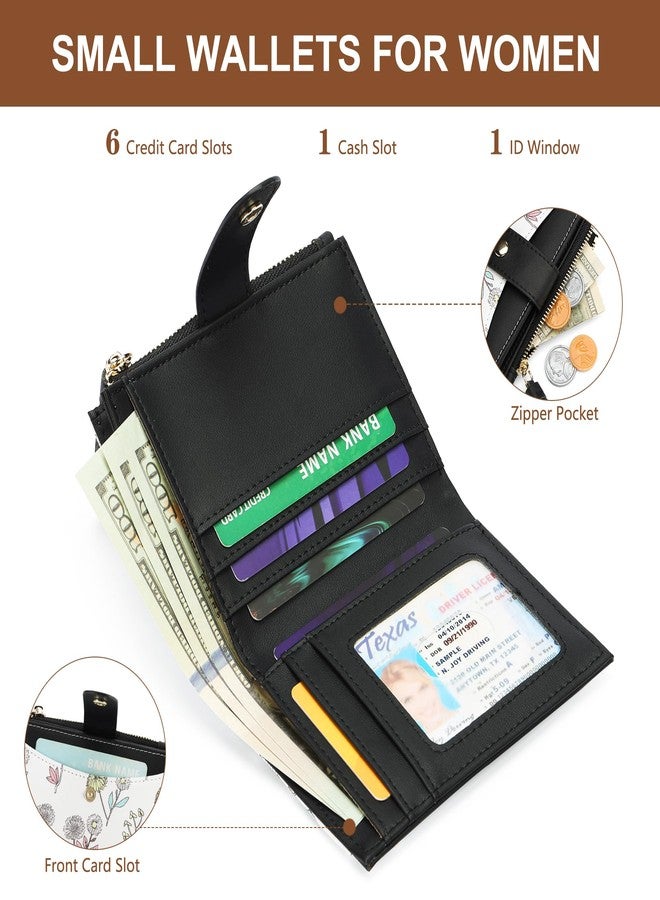 yiijay Small Wallet for Women RFID Blocking Tassle Bifold Slim Thin Leather Wallet Credit Card Holder Wallet Ladies Mini Wallet with Zipper Pocket, 1Flora Black, Small Compact Wallet for Women - Image 2