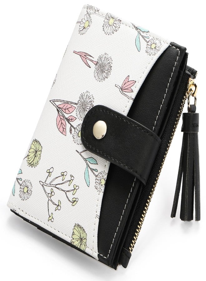 yiijay Small Wallet for Women RFID Blocking Tassle Bifold Slim Thin Leather Wallet Credit Card Holder Wallet Ladies Mini Wallet with Zipper Pocket, 1Flora Black, Small Compact Wallet for Women - Image 1