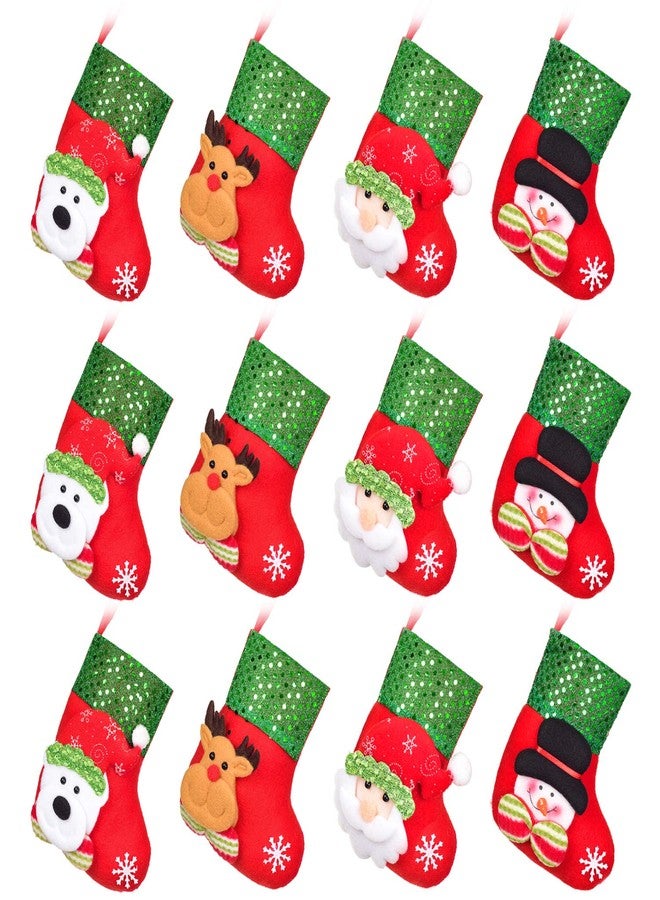 DearHouse12pcs Mini Christmas Stockings, 6" 3D Xmas Stocking Christmas Tree Ornaments Decorations - Santa Claus Snowman Reindeer Gift Card Silverware Holders - Image 1