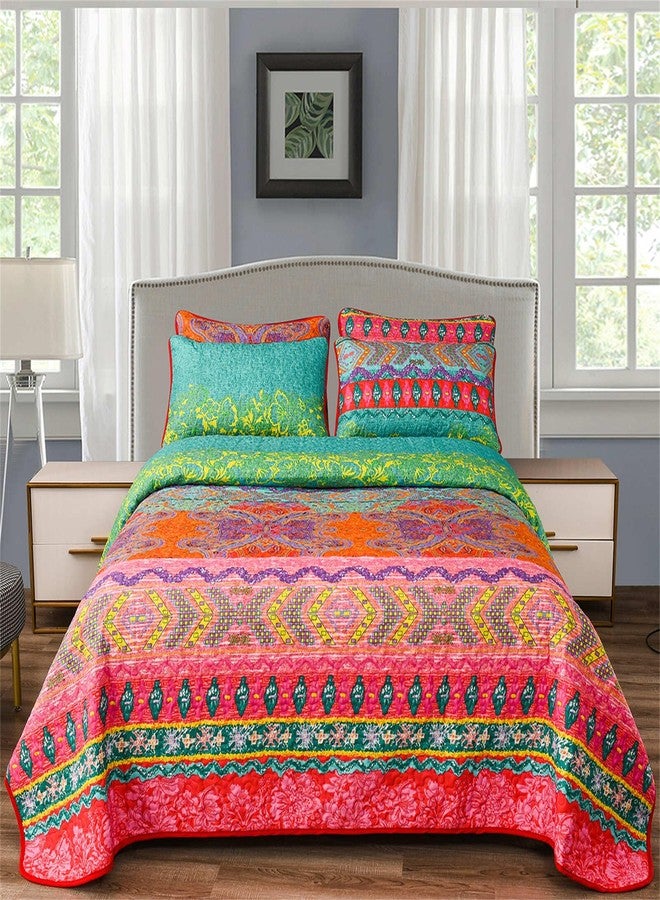YASMENG Colorful Bohemian Quilt Set Queen Size Boho Red Green Exotic Printed Bedspread Set 3 Pieces Vibrant Vintage Ethnic Striped Microfiber Bed Coverlet for All Seasons - Image 2