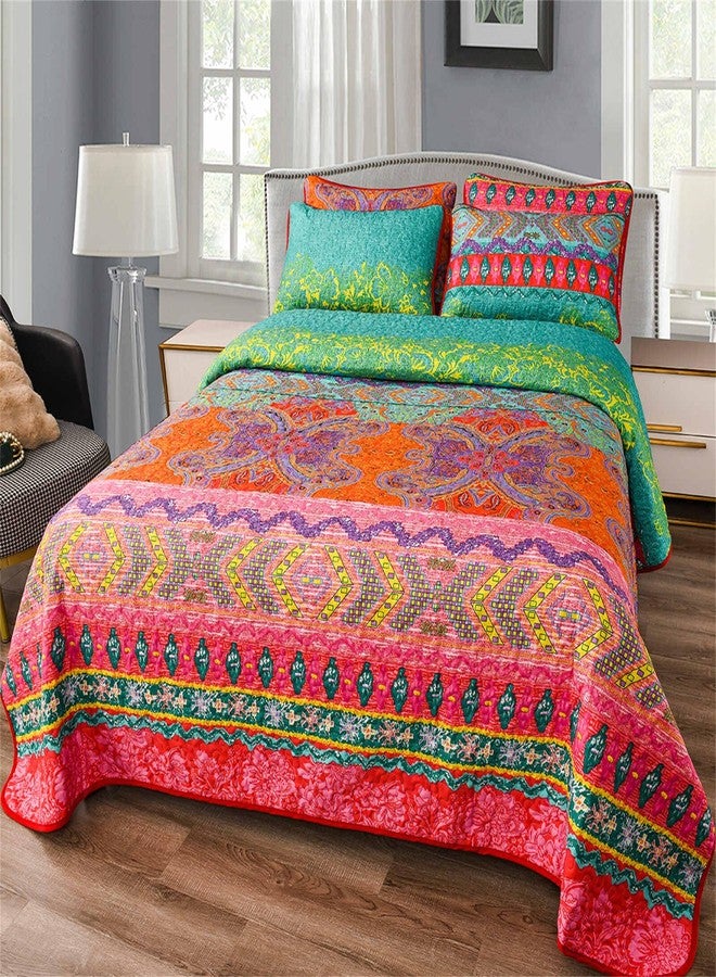 YASMENG Colorful Bohemian Quilt Set Queen Size Boho Red Green Exotic Printed Bedspread Set 3 Pieces Vibrant Vintage Ethnic Striped Microfiber Bed Coverlet for All Seasons - Image 3