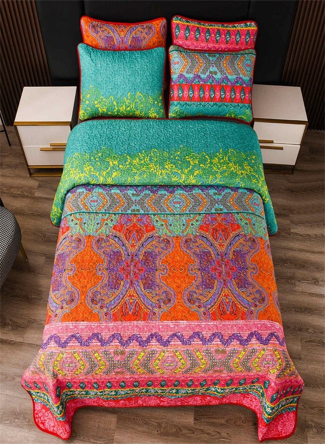 YASMENG Colorful Bohemian Quilt Set Queen Size Boho Red Green Exotic Printed Bedspread Set 3 Pieces Vibrant Vintage Ethnic Striped Microfiber Bed Coverlet for All Seasons - Image 4