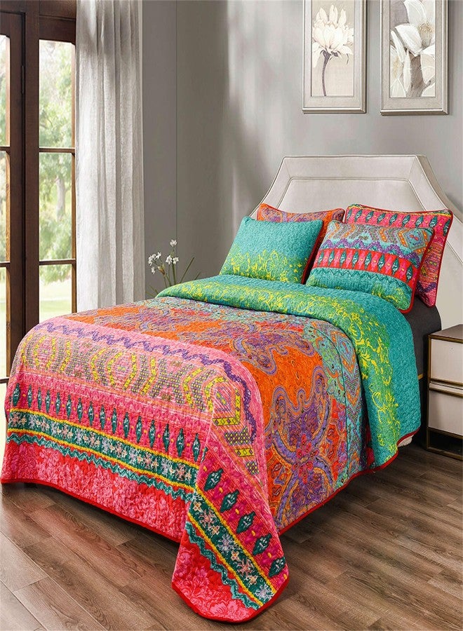 YASMENG Colorful Bohemian Quilt Set Queen Size Boho Red Green Exotic Printed Bedspread Set 3 Pieces Vibrant Vintage Ethnic Striped Microfiber Bed Coverlet for All Seasons - Image 1