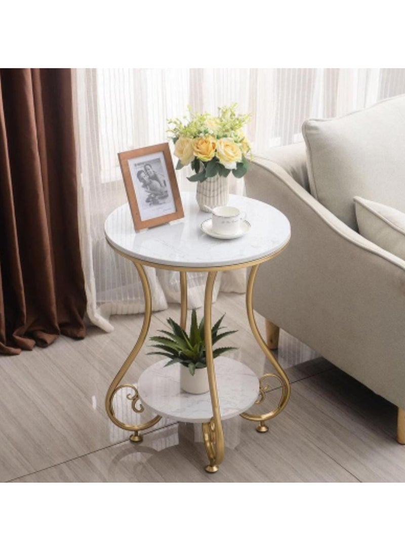 Generic Elegant Round Side Table – Marble Top with Gold Metal Frame & Shelf | Luxury End Table for Living Room, Bedroom or Office