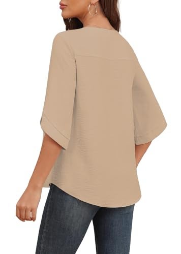 Askyes Womens 2025 Blouses Casual Cute Chiffon Blouses Summer Bell Short Sleeve Blouse Shirts for Work,Wheat,L - Image 2