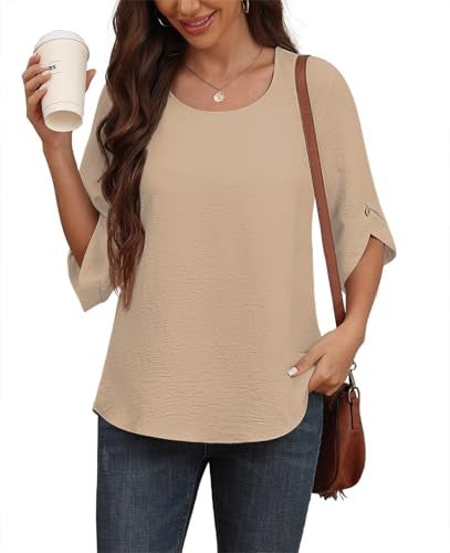 Askyes Womens 2025 Blouses Casual Cute Chiffon Blouses Summer Bell Short Sleeve Blouse Shirts for Work,Wheat,L - Image 3