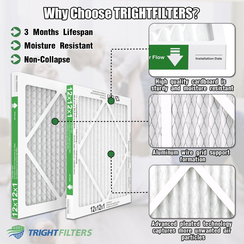 TRIGHTFILTERS 12x12x1 Air Filter 6 Pack, Durable MERV 8 Pleated Home HVAC AC Furnace Filters, Lightweight Compact Air Conditioner Filter Replacement - Image 5