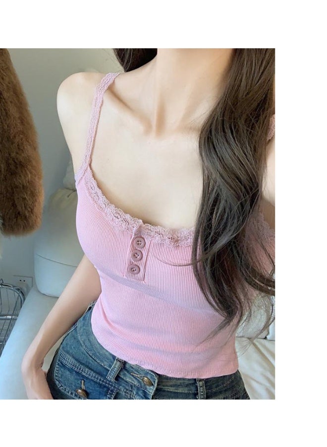 NIBEMINENT Girls Casual Cami Lace Trim Crop Top Stretchy Cami Crop Top Built in Bra Slim Shirt Top Camisole for Women Girl - Image 2