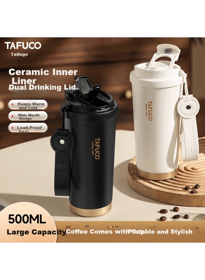 Tafuco Ceramic Coated Coffee Cup Double Insulated Thermos Car Home Portable 0.5l Black T2427 - Image 1