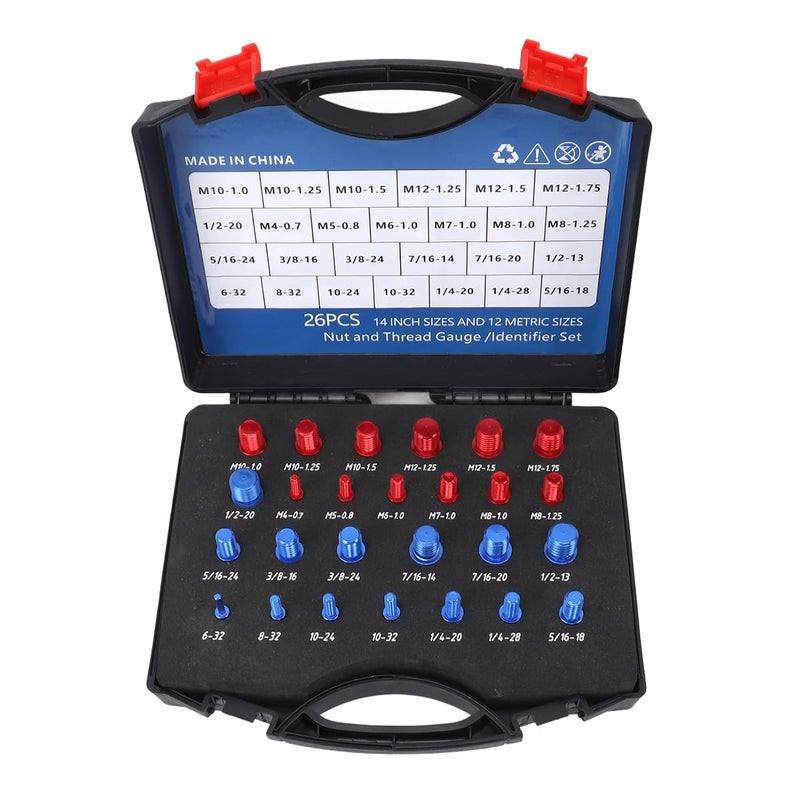 Nut Bolt Thread Checker Set, 26 - Piece Metric and Inch Thread Gauge with Storage Case, Red Blue Aluminum Tool for Narrow Spaces and Precision Fitting - Image 3