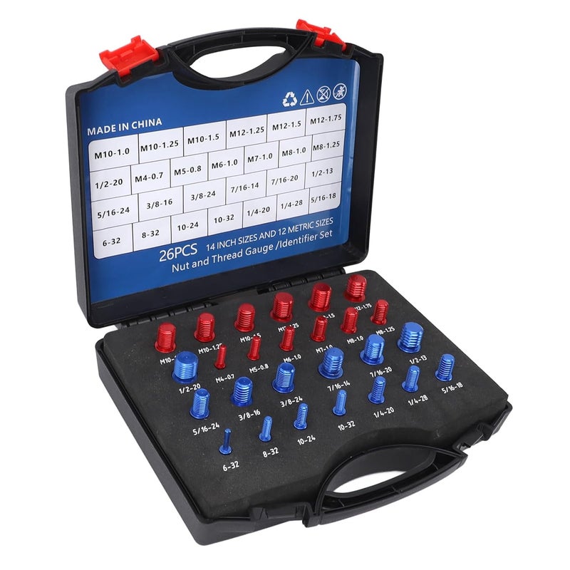 Nut Bolt Thread Checker Set, 26 - Piece Metric and Inch Thread Gauge with Storage Case, Red Blue Aluminum Tool for Narrow Spaces and Precision Fitting - Image 4