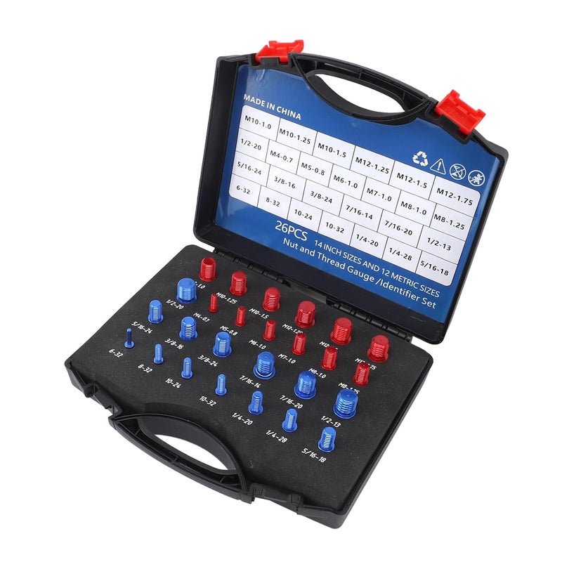 Nut Bolt Thread Checker Set, 26 - Piece Metric and Inch Thread Gauge with Storage Case, Red Blue Aluminum Tool for Narrow Spaces and Precision Fitting - Image 5