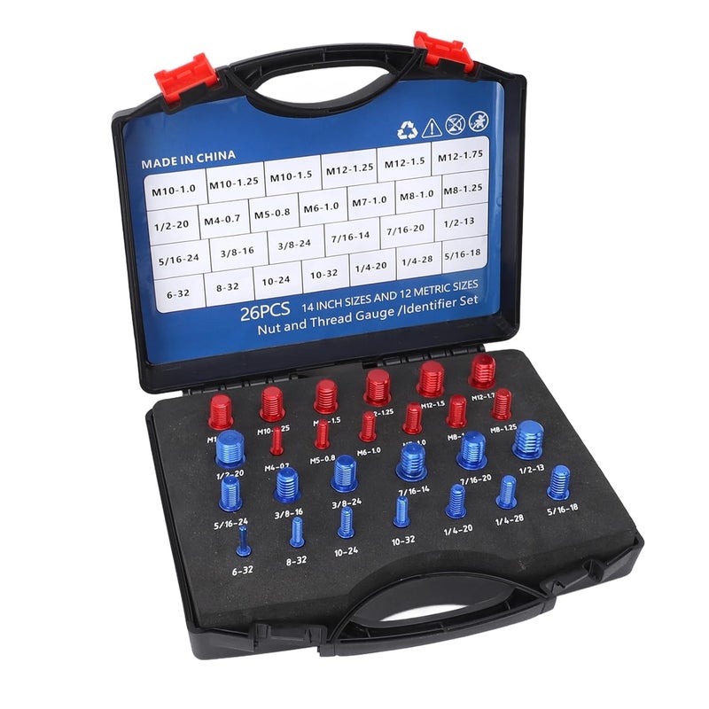 Nut Bolt Thread Checker Set, 26 - Piece Metric and Inch Thread Gauge with Storage Case, Red Blue Aluminum Tool for Narrow Spaces and Precision Fitting - Image 2