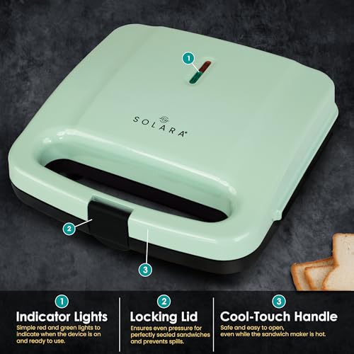 SOLARA Toaster Sandwich Maker Electric, 700 Watts Non Stick Bread Toaster 4 slices with Fixed Plates, Auto Cut Off, Easy Clean, Power Indicators, Compact Storage, Buckle Clip Handle - Aqua - Image 3