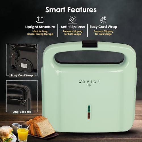 SOLARA Toaster Sandwich Maker Electric, 700 Watts Non Stick Bread Toaster 4 slices with Fixed Plates, Auto Cut Off, Easy Clean, Power Indicators, Compact Storage, Buckle Clip Handle - Aqua - Image 4