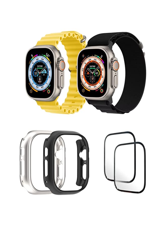 IAF Silicone Ocean Band Strap for iWatch Ultra 8 49mm,Nylon G-hook Loop Buckle Watch Strap Yellow/Black , Case Compatible with iWatch Ultra 49mm Transparent/Black ,2* pcs Watch glass Set of 6