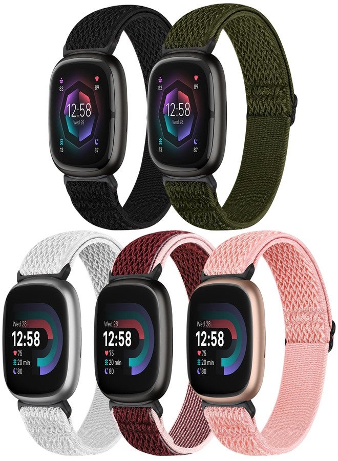 Bcuckood Compatible with Fitbit Versa 4/Versa 3/Sense 2/Sense Band Women Men, 5 Pack Elastic Nylon Soft Adjustable Stretchy Solo Loop Replacement Strap for Women Men - Image 1