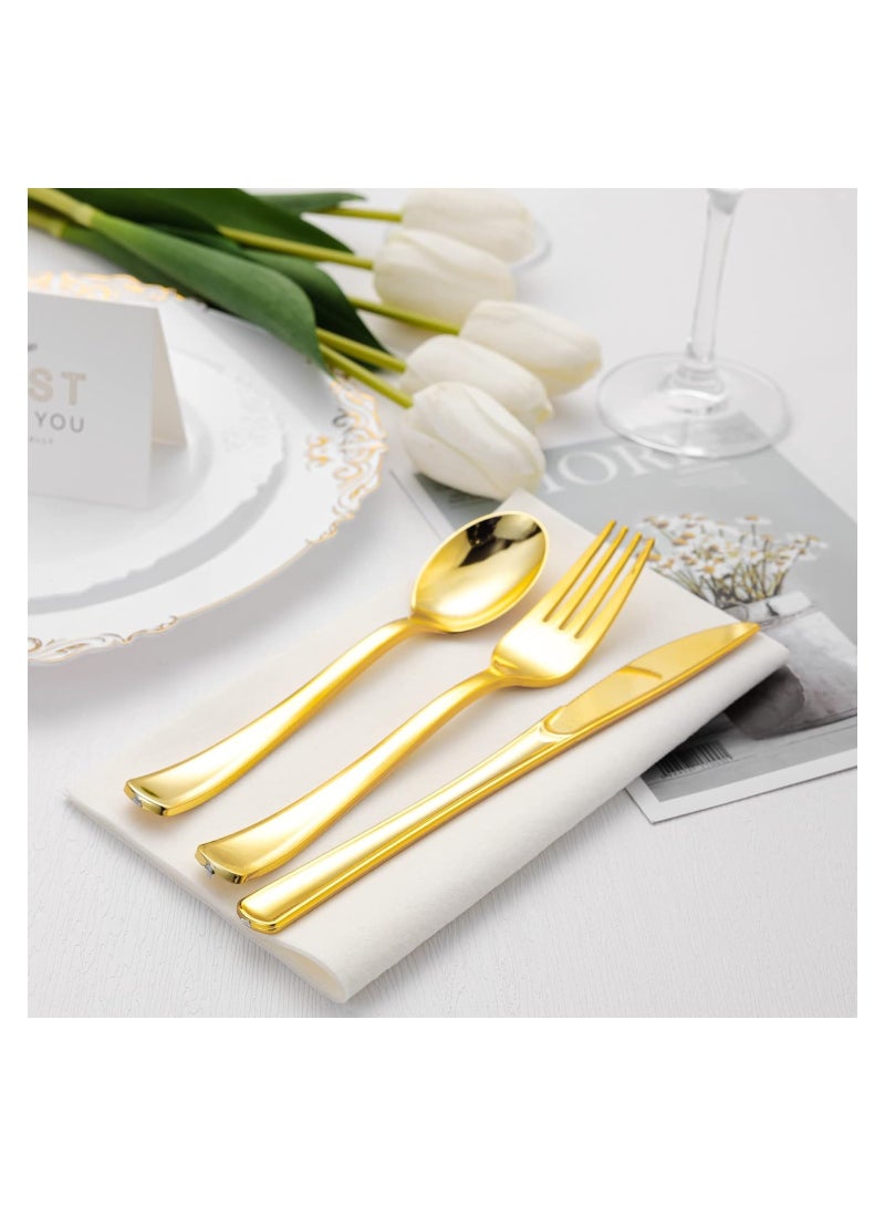 سيوسي 75 Pcs Gold Plastic Silverware, Gold Disposable Silverware, Include 25 Forks, 25 Spoons, 25 Knives, Gold Plastic Flatware, Gold Cutlery Set Disposable for Weddings, Birthdays Party and Daily Use - Image 2