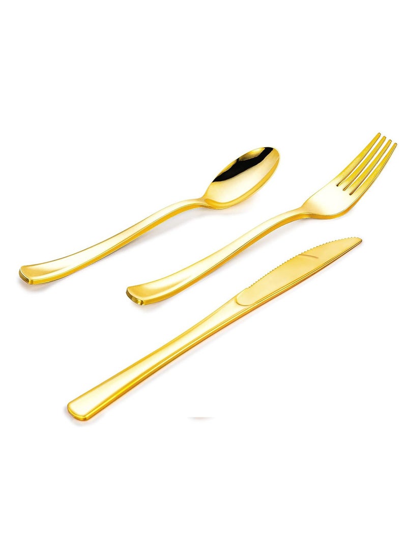 سيوسي 75 Pcs Gold Plastic Silverware, Gold Disposable Silverware, Include 25 Forks, 25 Spoons, 25 Knives, Gold Plastic Flatware, Gold Cutlery Set Disposable for Weddings, Birthdays Party and Daily Use - Image 1