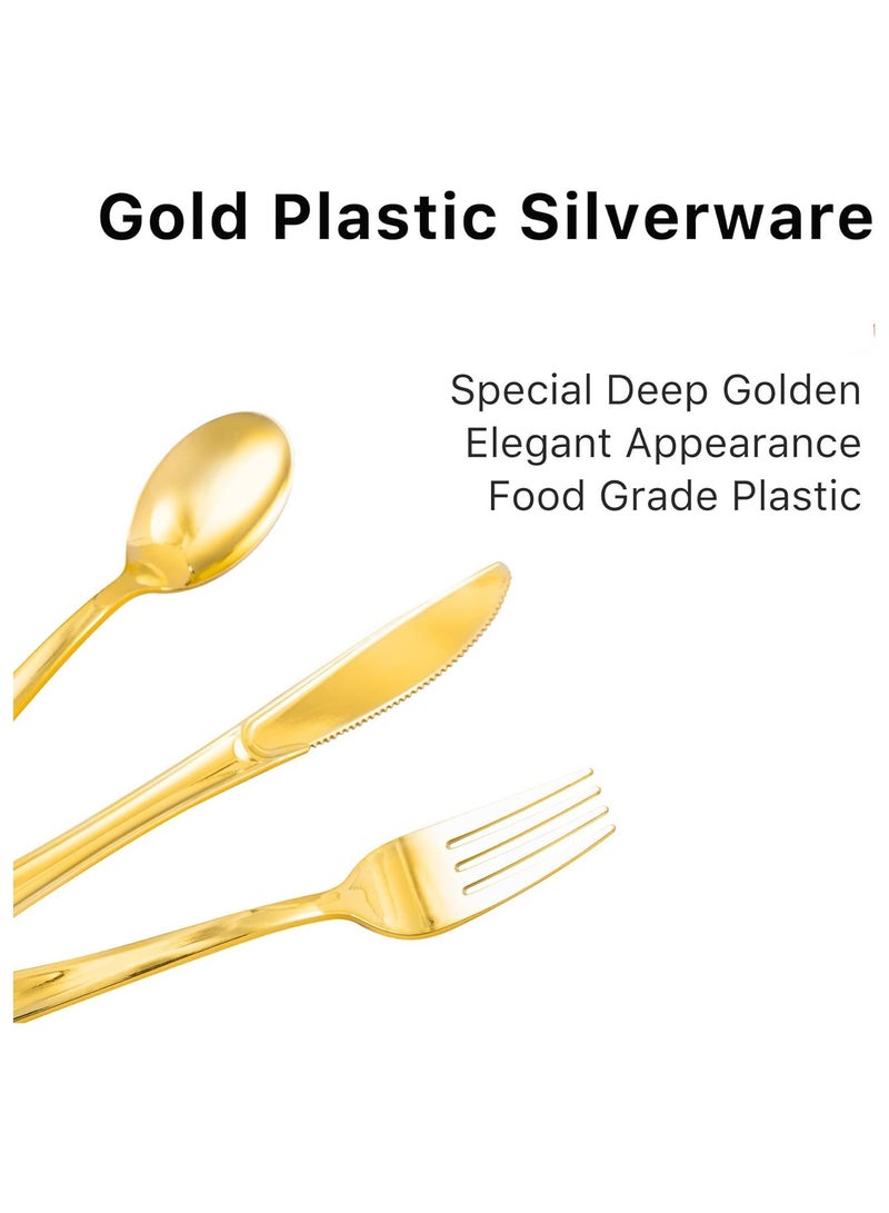 سيوسي 75 Pcs Gold Plastic Silverware, Gold Disposable Silverware, Include 25 Forks, 25 Spoons, 25 Knives, Gold Plastic Flatware, Gold Cutlery Set Disposable for Weddings, Birthdays Party and Daily Use - Image 4