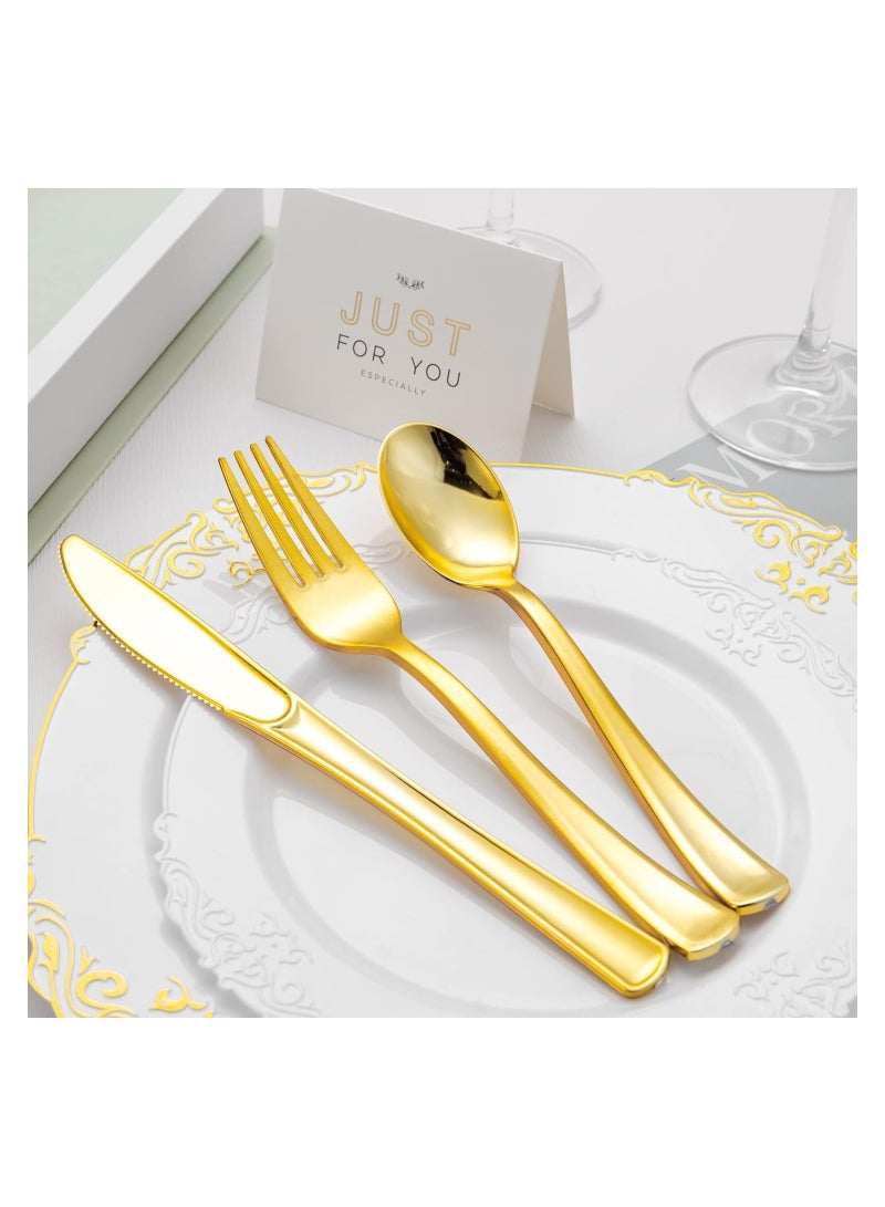 سيوسي 75 Pcs Gold Plastic Silverware, Gold Disposable Silverware, Include 25 Forks, 25 Spoons, 25 Knives, Gold Plastic Flatware, Gold Cutlery Set Disposable for Weddings, Birthdays Party and Daily Use - Image 5