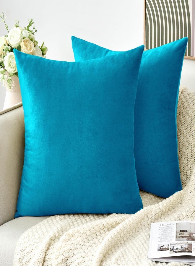 GriNeed Throw Pillow Covers Decorative Velvet Set of 2 18x18 Inch Pillow Covers, Soft Teal Pillowcases for Couch Sofa Bed Living Room, Farmhouse Home Boho Decor, Square Accent Cushion Covers - Image 2