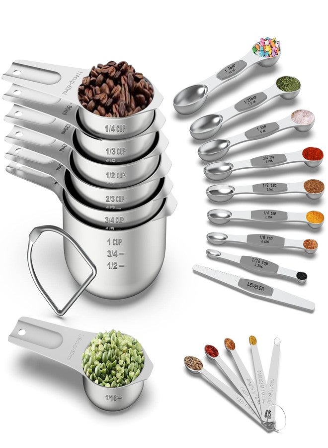 Wildone Measuring Cups and Magnetic Measuring Spoons Set, Wildone Stainless Steel 7 Measuring Cups, 8 Double Sided Stackable Magnetic Measuring Spoons, 1 Leveler & 5 Mini Spoons - 21 Piece - Image 1
