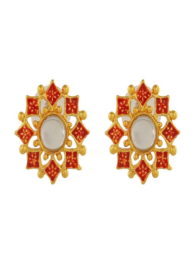 استيل مجموعة أقراط إستيل المرصعة بالمينا والكوندان على شكل زهرة، للبنات والسيدات - Image 1