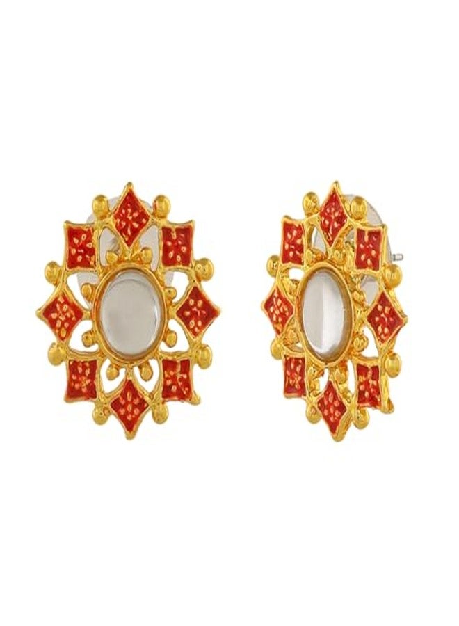 استيل مجموعة أقراط إستيل المرصعة بالمينا والكوندان على شكل زهرة، للبنات والسيدات - Image 5