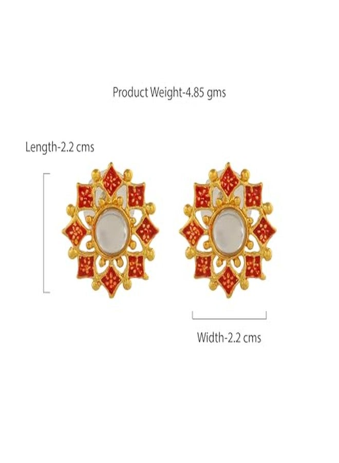 استيل مجموعة أقراط إستيل المرصعة بالمينا والكوندان على شكل زهرة، للبنات والسيدات - Image 4