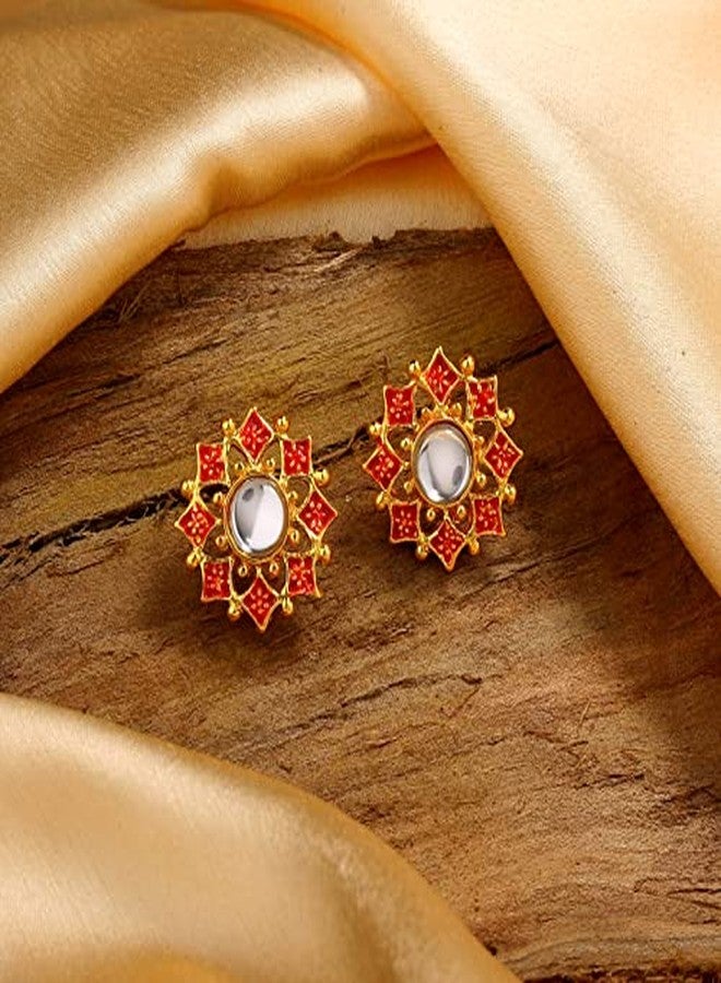 استيل مجموعة أقراط إستيل المرصعة بالمينا والكوندان على شكل زهرة، للبنات والسيدات - Image 3