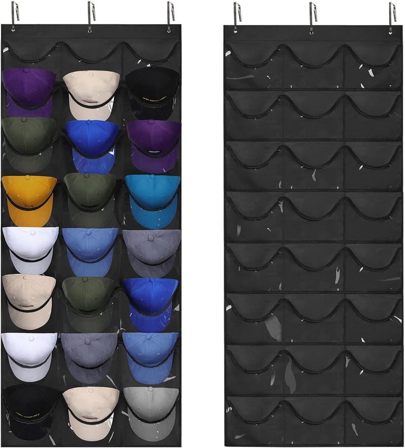 Dofilachy Hat Organizer Racks for Baseball Caps, Visible Hat Holder Rack for Wall Door with 3 Hooks, 24 Deep Pockets - Image 1