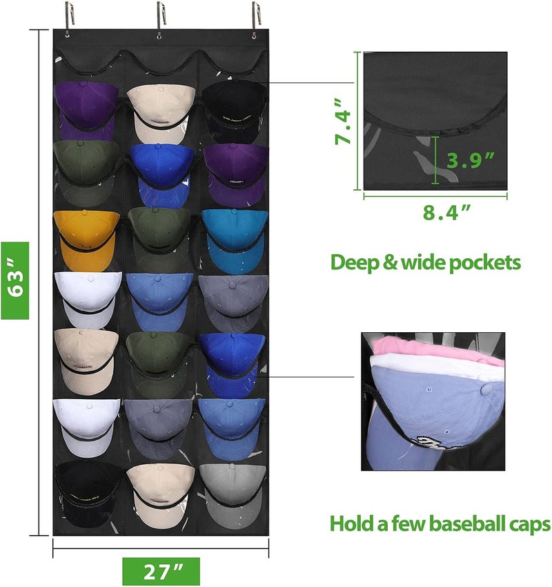 Dofilachy Hat Organizer Racks for Baseball Caps, Visible Hat Holder Rack for Wall Door with 3 Hooks, 24 Deep Pockets - Image 5