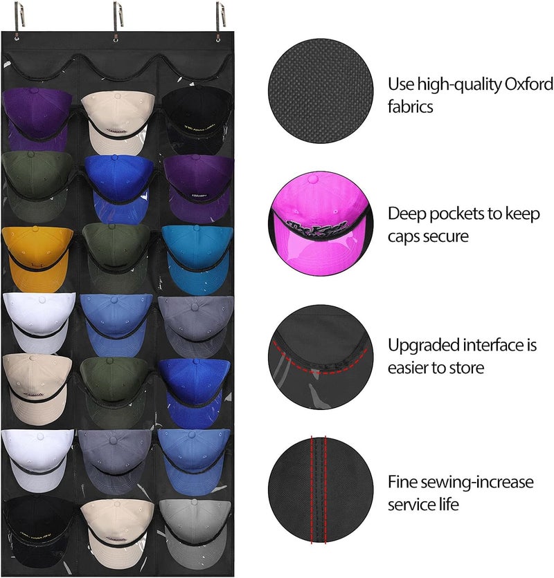 Dofilachy Hat Organizer Racks for Baseball Caps, Visible Hat Holder Rack for Wall Door with 3 Hooks, 24 Deep Pockets - Image 2