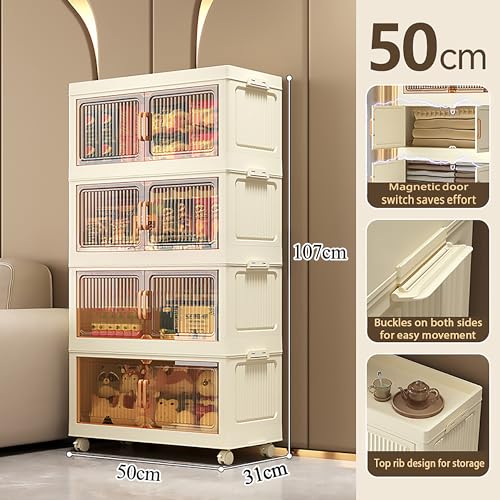 REXERA 𝟒 𝐏𝐀𝐂𝐊 Plastic Rack for Storage Cabinet with Wheels | Multipurpose Storage Almirah Wardrobe for Clothes, Toys, Kitchen Cupboard & Bedroom | Plastic Organizer with Transparent Doors - WHITE - Image 2