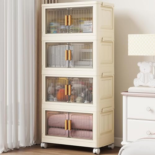 REXERA 𝟒 𝐏𝐀𝐂𝐊 Plastic Rack for Storage Cabinet with Wheels | Multipurpose Storage Almirah Wardrobe for Clothes, Toys, Kitchen Cupboard & Bedroom | Plastic Organizer with Transparent Doors - WHITE - Image 1