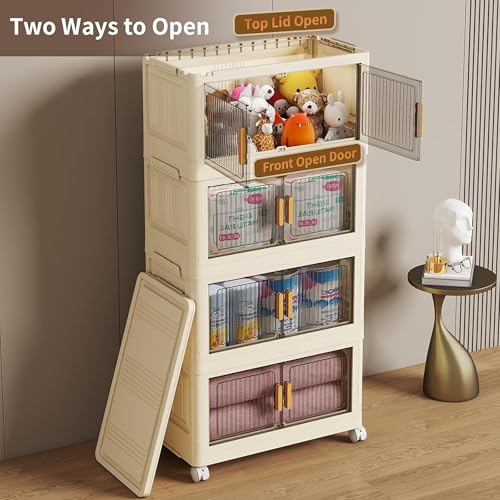 REXERA 𝟒 𝐏𝐀𝐂𝐊 Plastic Rack for Storage Cabinet with Wheels | Multipurpose Storage Almirah Wardrobe for Clothes, Toys, Kitchen Cupboard & Bedroom | Plastic Organizer with Transparent Doors - WHITE - Image 4
