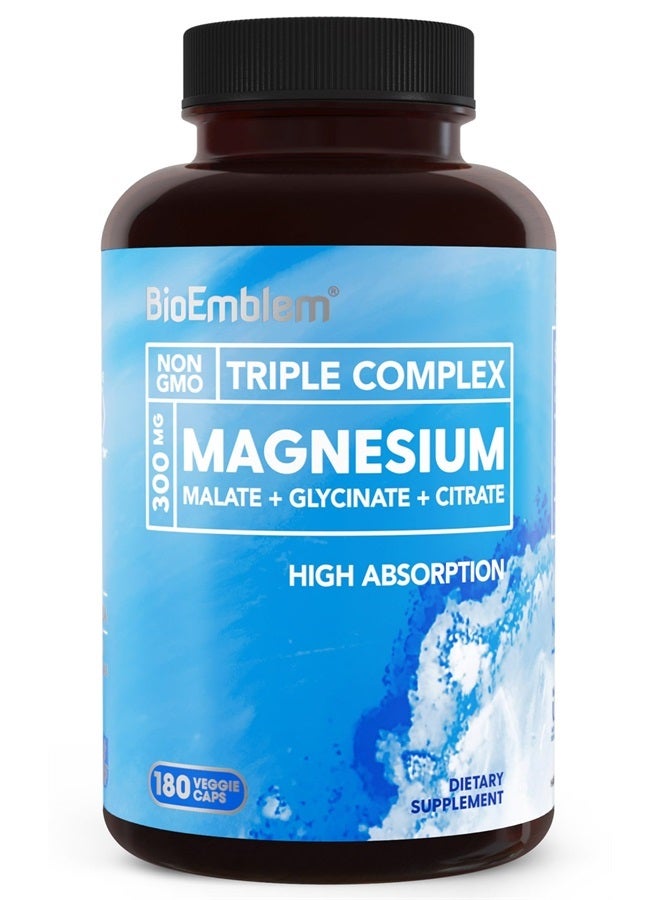BioEmblem Triple Magnesium Complex | 300mg of Magnesium Glycinate, Malate, & Citrate for Muscles, Nerves, & Energy | High Absorption | Vegan, Non-GMO | 180 Capsules - Image 1