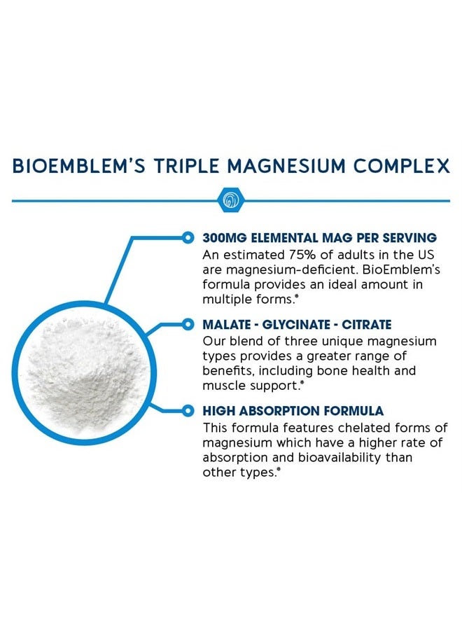 BioEmblem Triple Magnesium Complex | 300mg of Magnesium Glycinate, Malate, & Citrate for Muscles, Nerves, & Energy | High Absorption | Vegan, Non-GMO | 180 Capsules - Image 4