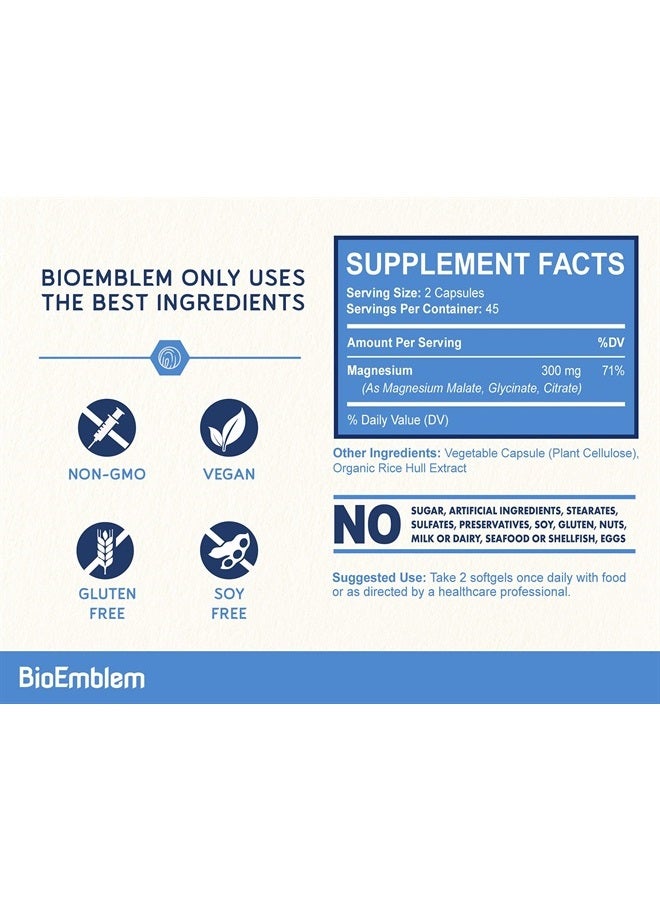 BioEmblem Triple Magnesium Complex | 300mg of Magnesium Glycinate, Malate, & Citrate for Muscles, Nerves, & Energy | High Absorption | Vegan, Non-GMO | 180 Capsules - Image 2
