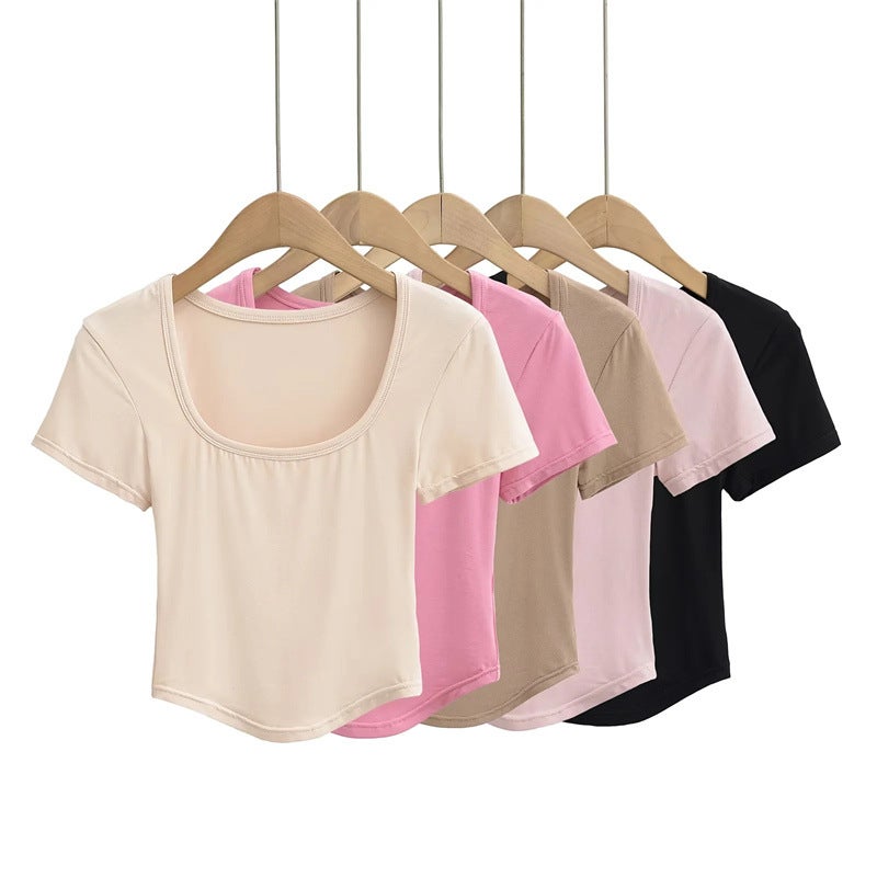 Sweet Cool Spice Girl Mask Sense U-Collar Shoulder Short-Sleeved T-Shirt Slim-Fit Slimming Base Inner Short Top - Image 2