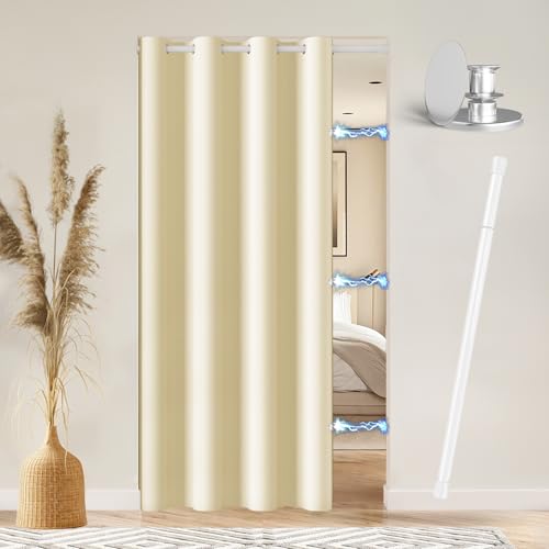Vatge Magnetic Door Curtain with Rod - W52 x L76, 1 Panel, Light Beige, Door Curtain for Doorways, Room Divider for Kitchen - Image 1