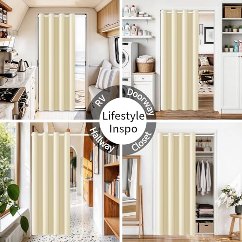 Vatge Magnetic Door Curtain with Rod - W52 x L76, 1 Panel, Light Beige, Door Curtain for Doorways, Room Divider for Kitchen - Image 2