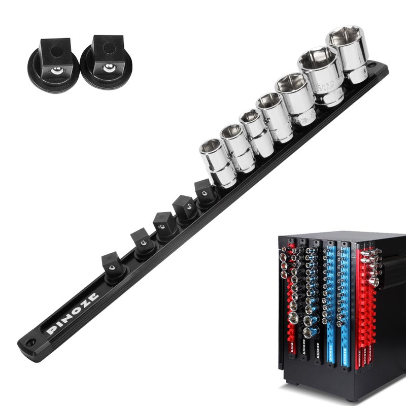 Pinoze 12 Magnetic Socket Holder Organizer Aluminum Alloy Socket Rail Tray for Tool Box Drawer Socket Rack with Extra 2Pcs Replacement Clips for Automotive GarageBlack - Image 3