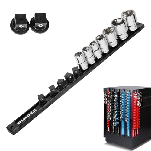 Pinoze 12 Magnetic Socket Holder Organizer Aluminum Alloy Socket Rail Tray for Tool Box Drawer Socket Rack with Extra 2Pcs Replacement Clips for Automotive GarageBlack - Image 1