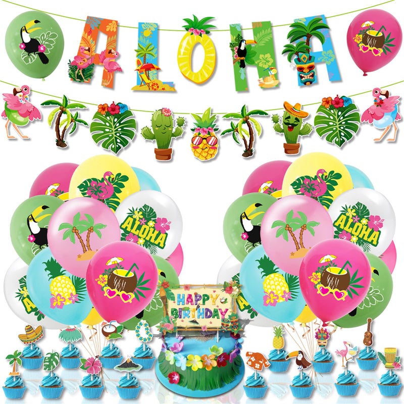 AM ANNA 43Pcs Aloha Beach Summer Party SupplyHawaiian Luau Party Decorations Tropical Summer Beach Pool Party Supplies Including Aloha Banner Flamingo Palm Leaves and Hibiscus 43 Pcs - Image 1