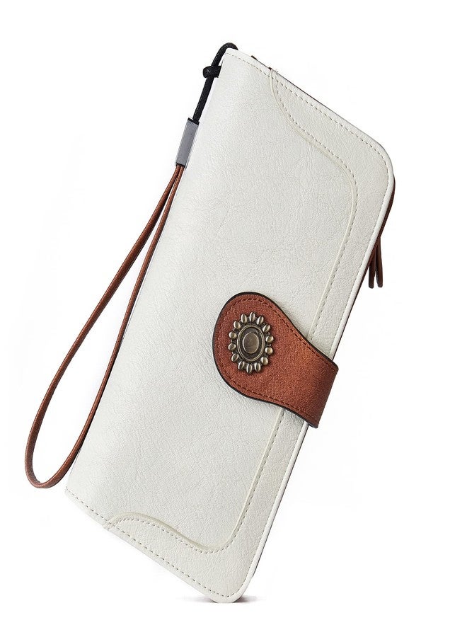 BROMEN Leather Wallets for Women RFID Blocking Large Capacity Credit Card Holder Clutch Purse Wristlet Beige Brown - Image 1
