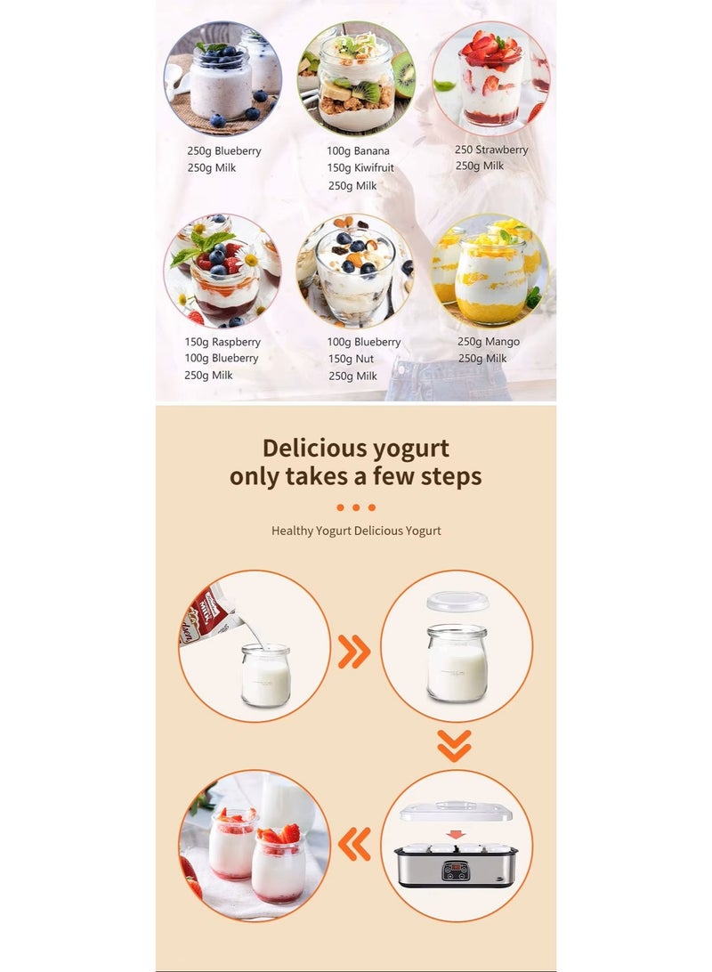 صانعة زبادي كهربائية رقمية بقدرة ‎25 واط‎ – سعة 1400 مل – 8 أكواب زجاجية بغطاء – تحكم بدرجة الحرارة والوقت – لتحضير الزبادي الصحي في المنزل - Image 3
