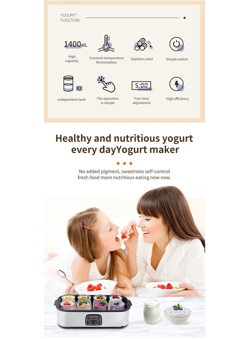 صانعة زبادي كهربائية رقمية بقدرة ‎25 واط‎ – سعة 1400 مل – 8 أكواب زجاجية بغطاء – تحكم بدرجة الحرارة والوقت – لتحضير الزبادي الصحي في المنزل - Image 5