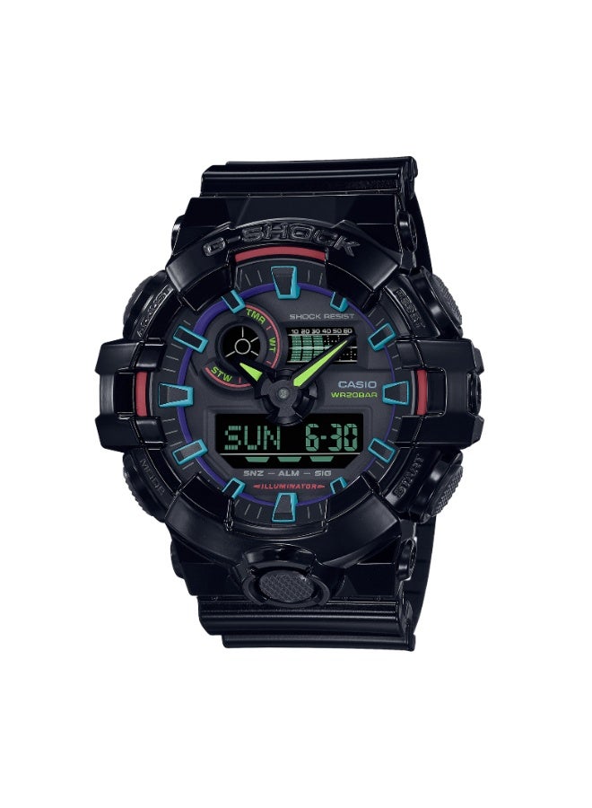 كاسيو ساعة كاسيو G-SHOCK GA-700RGB-1ADR للرجال بعرض تناظري ورقمي، مقاومة للصدمات، مقاومة للماء حتى 200 متر، سوار ريزن أسود بلمسات حمراء وخضراء - Image 1